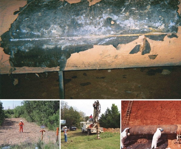 Top: A disbonded, peeling coating on a buried pipeline. Photo courtesy of Jeffrey Didas. Above left: A DCVG survey is performed on a gas pipeline. Photo courtesy of JW’s Pipeline Integrity Services. Above center: A drilling rig is used for installing distributed anodes. Photo courtesy of Jeffrey Didas. Above right: An aging pipeline is being prepared for recoating. Photo courtesy of Jeffrey Didas.