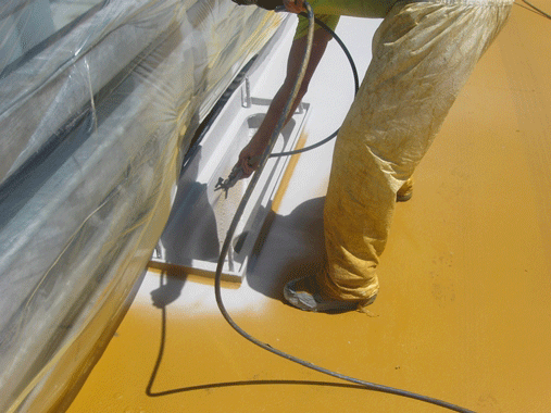 The waterproofing system was spray-applied in two color-contrasting coats. Photo courtesy of Stirling Lloyd.