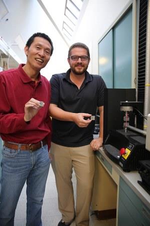 The study's lead author, LLNL scientist Morris Wang (left), is alongside post-doctoral researcher Thomas Viosin. Photo by Kate Hunts, LLNL.