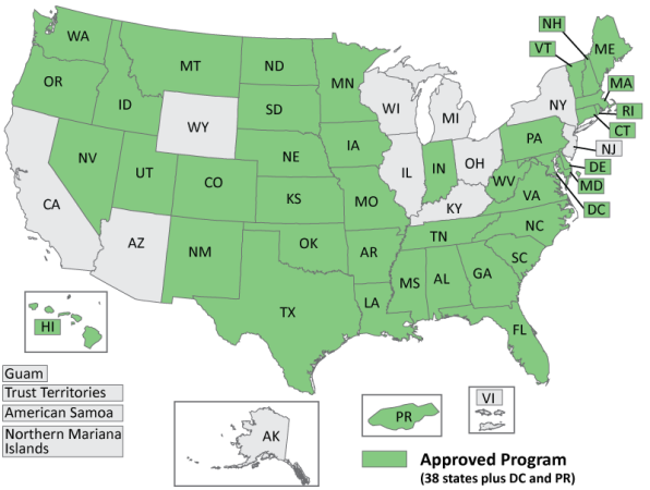 States in green have UST regulatory programs approved by the EPA. Image courtesy of EP
