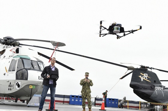 At the June 2019 demonstration event, Dan Jennings operated the UAV remotely above the USS Midway Museum. Photo by Bobby Cummings, U.S. Navy.