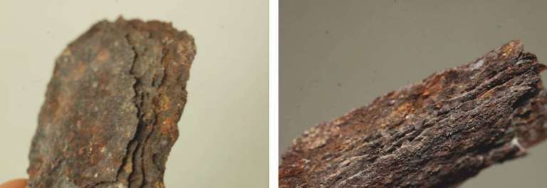  FIGURE 3 Macrophotography of the corrosion products: (a, left) loose rust taken at 300 mm from the base and (b, right) magnetite and hematite from the base of the metal structure.