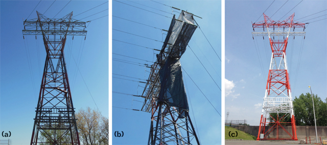 A power transmission tower (a) before the lead abatement was performed; (b) wrapped during the lead abatement process in accordance with federal, state, and local regulations; and (c) after the new coating was applied. Photos courtesy of Curtis Hickcox.