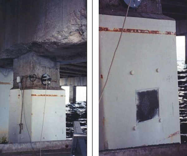 A general view of a bridge pile protected with jacketed zinc anodes. The photo on the right reveals the zinc mesh that is covered by a thin coat of mortar. Photos courtesy of the authors.