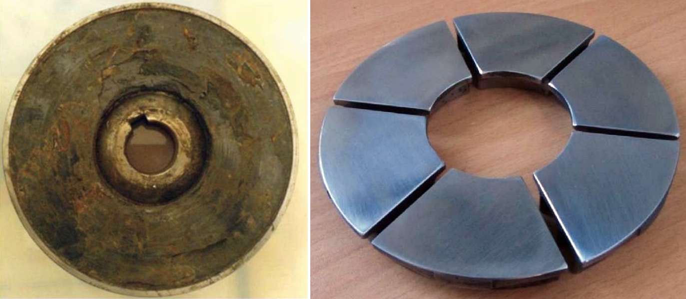 FIGURE 5 (left)  The rough and damaged surface of a thrust bearing carbon pad.  FIGURE 6 (right) The finished surface of the SS pads after machining and polishing.