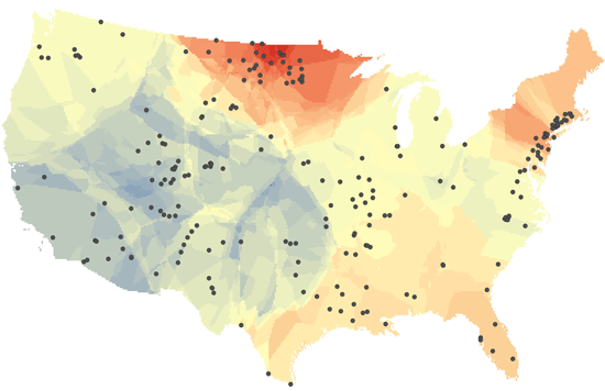 This map shows changes in the salt content of freshwater in U.S. rivers and streams over the past 50 years. Warmer colors indicate increasing salinity, while cooler colors reflect decreasing salinity. The black dots represent the 232 U.S. Geological Survey monitoring sites that provided data for the study. Photo courtesy of Ryan Utz, Chatham Unviersity.