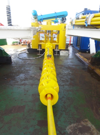 Each anode sled is a high-capacity ICCP system. Impressed-current coated-titanium anode rods are enclosed in the blue buoyant floats. Photo courtesy of Deepwater EU.