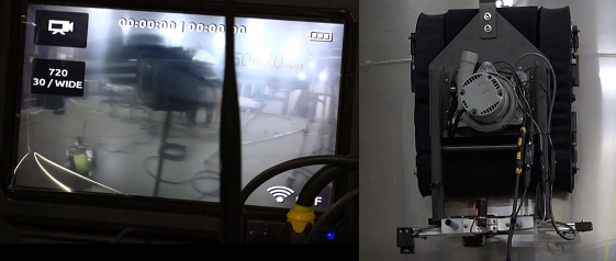Left, the view from the camera. Right, the camera attached to the front of the robot. Photos courtesy of Quasset.