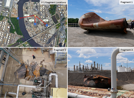 Locations and photos of post-incident vessel fragments. Top left image courtesy of Google Earth with modifications by CSB. All other photos from CSB.