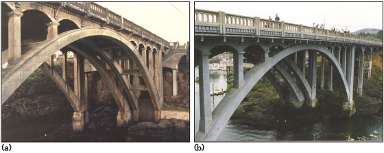 FIGURE 1 Depoe Bay Bridge. 1(a): Before installation of thermal sprayed zinc anodes. 1(b): After installation of thermal sprayed zinc anodes.