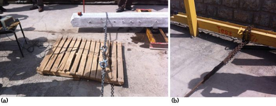 FIGURE 2 (a) Dynamometer for measuring bending force, and (b) the other end of the steel puller chain is fixed in a stable and strong position.