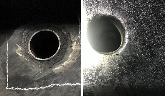 The two affected nozzles in the upper section of the column. Photos courtesy of IGS.