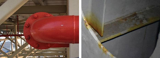 FIGURE 5  Appearance of the log Z >7 coatings (left) and of the doubtful coating within the tank (right), after two years of exposure.