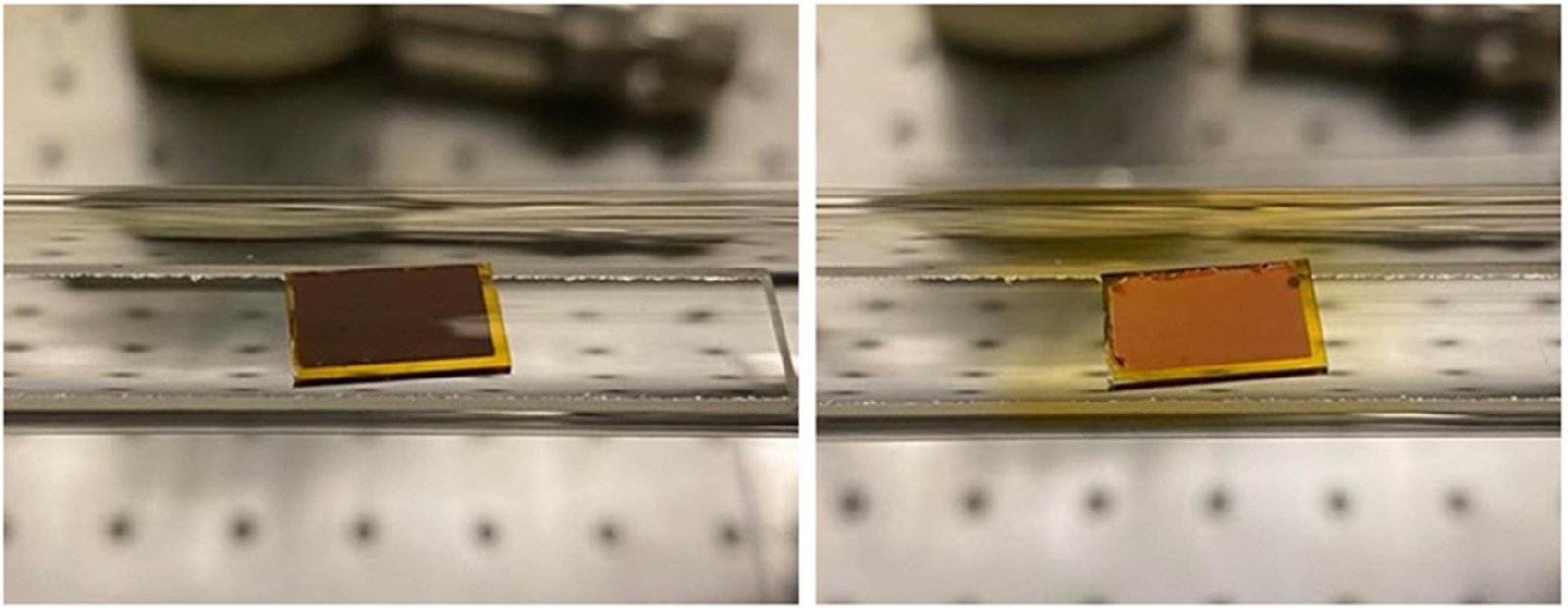 After a substrate is coated with graphene, it appears shinier (right). Photos courtesy of Caltech.