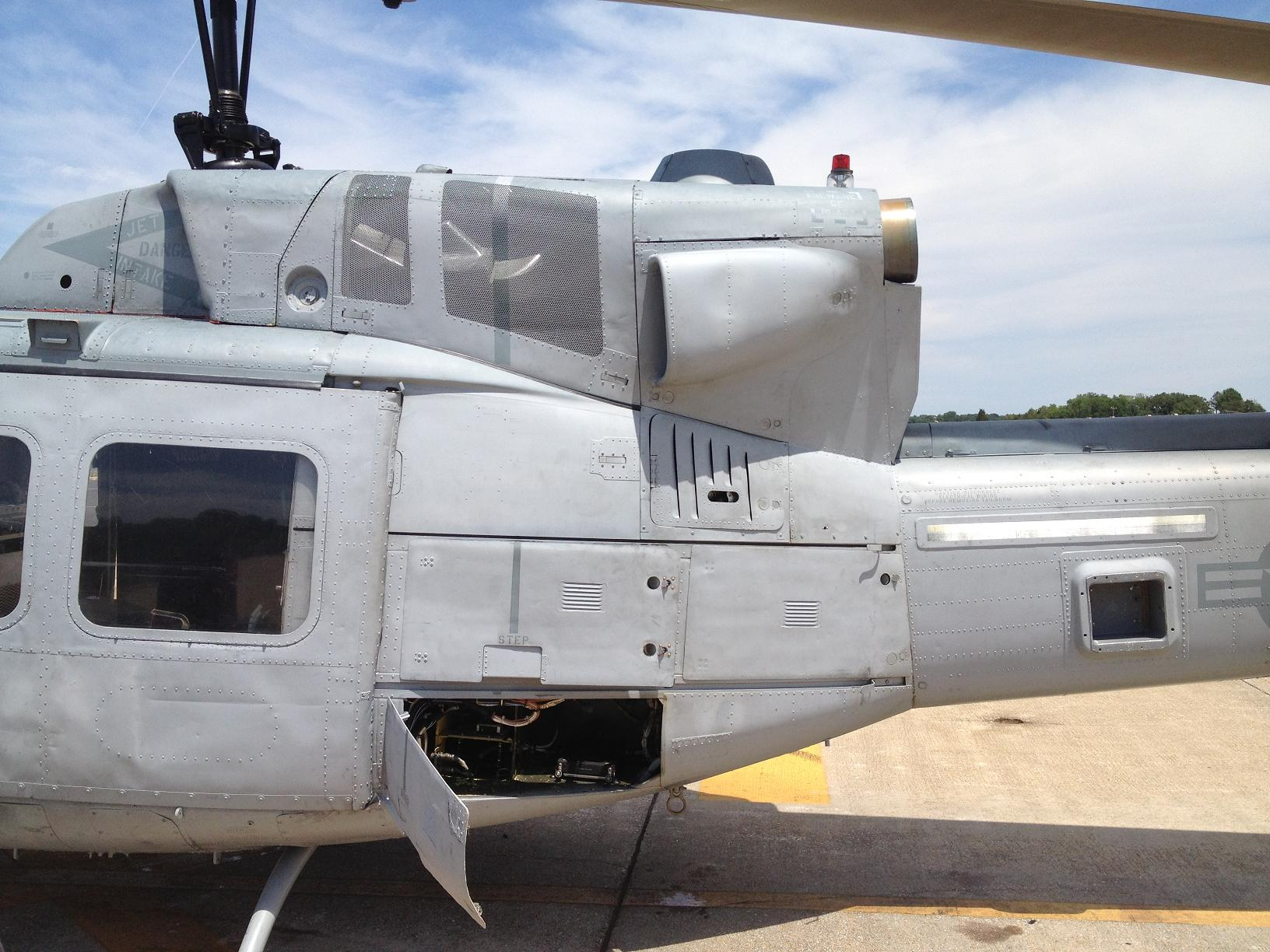 Wired and wireless corrosion monitoring sensor nodes were installed in the avionics bay of the Bell UH-1N Twin Huey T-Rex rotorcraft test bed at the NACRA. Photo courtesy of Luna Innovations.