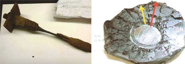 FIGURE 5 View of the corroded elements: (a, left) anchor bolt and (b, right) cross section of the corroded anchor bolt surrounded by corrosion products. Arrows show the paths of EDXA analysis.