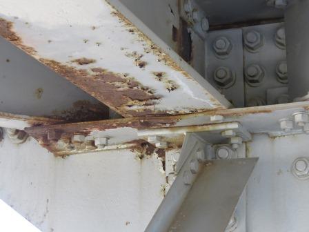 Coating failure and pack rust corrosion were seen on a connecting plate. Photo courtesy of NMSU. 