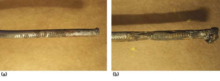 FIGURE 6 An example of a PT wire with (a) modest and (b) advanced wedge zone corrosion.