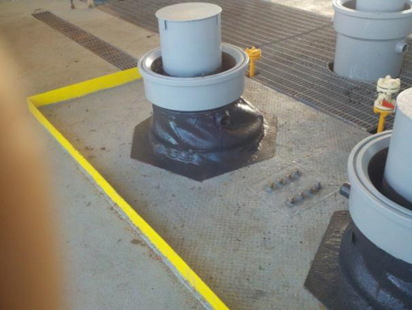 Rubber boots over deck penetrations are coated with a flexible, spray-applied pure polyurea coating. Photo courtesy of Rhino Linings.