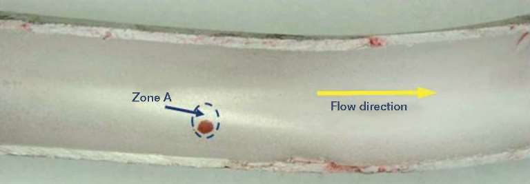 Figure 2: A dye penetrant test of the inner surface of the pipeline’s leak zone showed no internal corrosion attack around the leak, which is Zone A. 