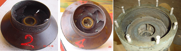 Figure 1: Cavitation damage to an impeller and casing of a pump after about one month of operation. The pump was used for seawater injection in Iranian oil wells in the Persian Gulf.