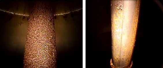 FIGURE 1: Researchers found corrosion more frequently on the top of the UST system shaft (left), which is generally exposed to the air, rather than the middle of the shaft (right), which is generally submersed. Photos courtesy of EPA.