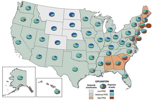FIGURE 4: Pie charts and classifications based on the PPGC indicator are shown here for the 50 states and the District of Columbia. Image courtesy of USGS.