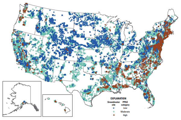 FIGURE 5: Results based on the PPGC indicator are shown here for 26,631 U.S. groundwater sites. Image courtesy of USGS.