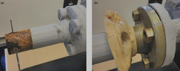 Figure 3: The bare steel, left (a), shows signs of corrosion after salt spray testing, while the encapsulated surface, right (b), shows no corrosion.