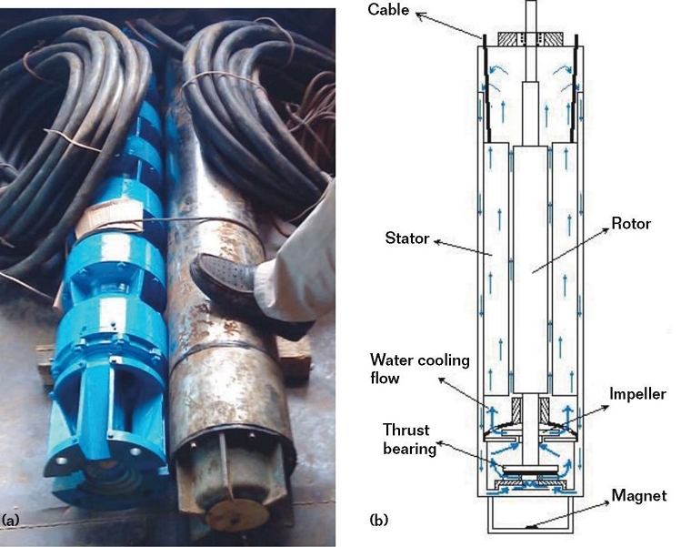 FIGURE 1  (a) The electromotor for a lift pump used on an offshore platform. (b) A cross section of the electromotor is illustrated in the diagram.